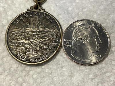 ANTIQUE 1607/1907 JAMESTOWN TER-CENTENNIAL EXPOSITION SILVER WATCH FOB IN GOOD PREOWNED CONDITION. FREE DOMESTIC SHIPPING.