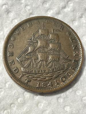 WEBSTER'S 1841 VF CONDITION WITH OLD-TIME PROFANITY ON THE REVERSE "NOT ONE C_NT FOR TRIBUTE" HARD TIMES TOKEN.