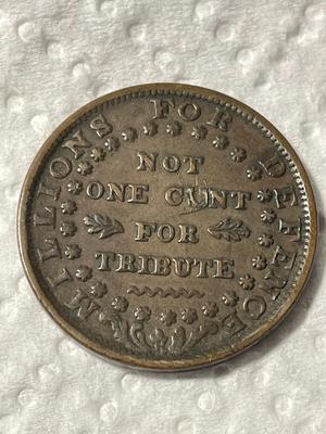 WEBSTER'S 1841 VF CONDITION WITH OLD-TIME PROFANITY ON THE REVERSE "NOT ONE C_NT FOR TRIBUTE" HARD TIMES TOKEN.