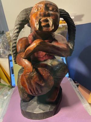 Vintage Jamaican Rastafarian Figure 15" Tall Hand Carved Wooden Man Art Statue Playing a Bongo Drum in VG Preowned Condition.