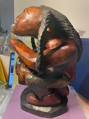 Vintage Jamaican Rastafarian Figure 15" Tall Hand Carved Wooden Man Art Statue Playing a Bongo Drum in VG Preowned Condition.