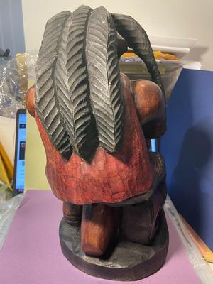 Vintage Jamaican Rastafarian Figure 15" Tall Hand Carved Wooden Man Art Statue Playing a Bongo Drum in VG Preowned Condition.