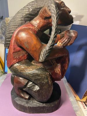 Vintage Jamaican Rastafarian Figure 15" Tall Hand Carved Wooden Man Art Statue Playing a Bongo Drum in VG Preowned Condition.