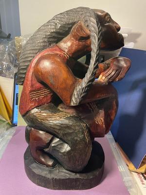 Vintage Jamaican Rastafarian Figure 15" Tall Hand Carved Wooden Man Art Statue Playing a Bongo Drum in VG Preowned Condition.