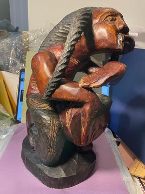 Vintage Jamaican Rastafarian Figure 15" Tall Hand Carved Wooden Man Art Statue Playing a Bongo Drum in VG Preowned Condition.