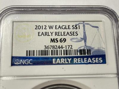 NGC CERTIFIED EARLY RELEASES 2012-W MS69 SILVER EAGLE DOLLAR 1-OUNCE .999 AS PICTURED. FREE DOMESTIC SHIPPING.