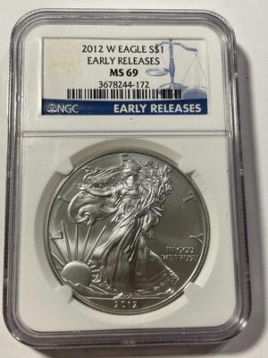 NGC CERTIFIED EARLY RELEASES 2012-W MS69 SILVER EAGLE DOLLAR 1-OUNCE .999 AS PICTURED. FREE DOMESTIC SHIPPING.
