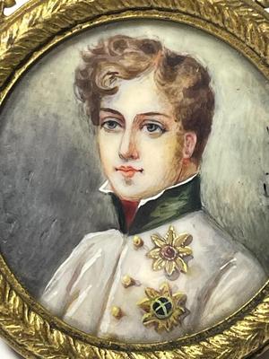 Antique Rare 18/19 Century Napoleon-II Miniature Portrait Painting on Bone or Ivory Signed w/2" x 2.5" Easel Excellent...