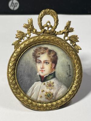 Antique Rare 18/19 Century Napoleon-II Miniature Portrait Painting on Bone or Ivory Signed w/2" x 2.5" Easel Excellent...