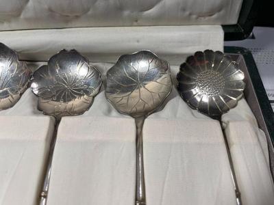 6 Vintage Japanese Tall Bamboo Solid .950 Sterling Silver Iced Tea 8.25" Spoons in a Box as Pictured. (Approx 4.13 Ounces TW).