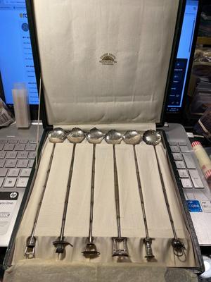 6 Vintage Japanese Tall Bamboo Solid .950 Sterling Silver Iced Tea 8.25" Spoons in a Box as Pictured. (Approx 4.13 Ounces TW).