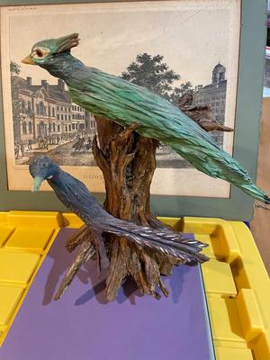 Vintage Driftwood Birds Artwork on a Bark/Branch 15.50” Tall in Good Preowned Condition, Very Nicely Done.