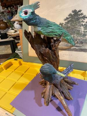 Vintage Driftwood Birds Artwork on a Bark/Branch 15.50” Tall in Good Preowned Condition, Very Nicely Done.