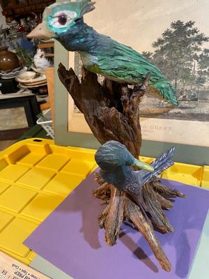 Vintage Driftwood Birds Artwork on a Bark/Branch 15.50” Tall in Good Preowned Condition, Very Nicely Done.