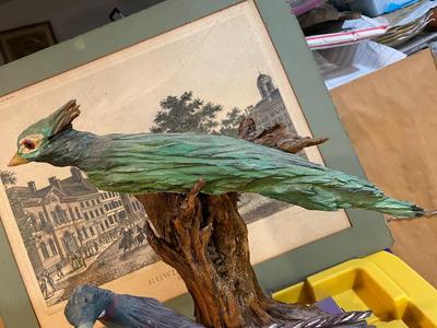 Vintage Driftwood Birds Artwork on a Bark/Branch 15.50” Tall in Good Preowned Condition, Very Nicely Done.