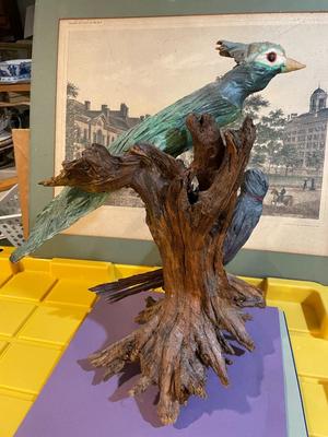 Vintage Driftwood Birds Artwork on a Bark/Branch 15.50” Tall in Good Preowned Condition, Very Nicely Done.