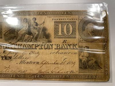 $10 1839 Allentown Pennsylvania Obsolete Currency Northampton Bank Note Bill Circulated Condition as Pictured. FREE DOMESTIC SHIPPING.