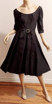 Vtg 50s Adele Simpson Demi Couture flare Shantung dress CrystalnBuckle