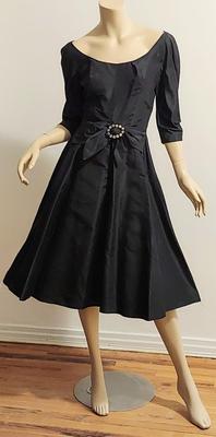 Vtg 50s Adele Simpson Demi Couture flare Shantung dress CrystalnBuckle