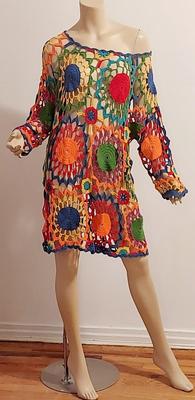 Vtg 1980s Hand Crochet Mini or long Tunic dress