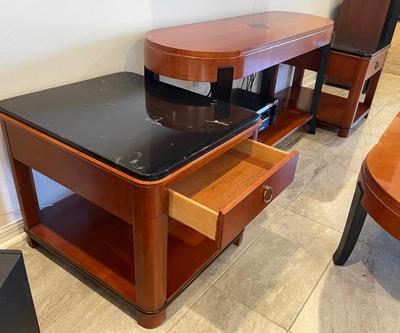 4 piece teak/marble living room table set end tables, console table, coffee table