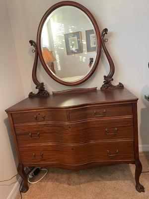 Antique Serpentine Mahogany Dresser Cabinet with Mirror Carved Wood Claw Foot