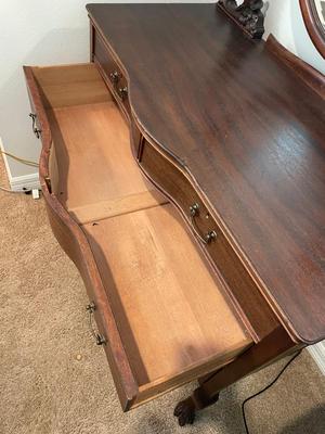 Antique Serpentine Mahogany Dresser Cabinet with Mirror Carved Wood Claw Foot