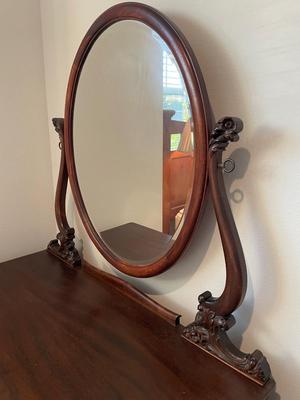 Antique Serpentine Mahogany Dresser Cabinet with Mirror Carved Wood Claw Foot