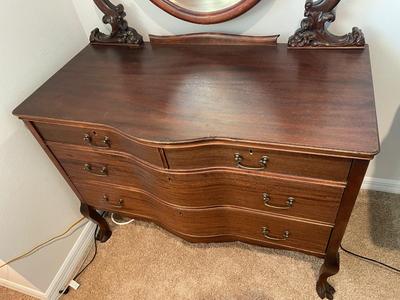 Antique Serpentine Mahogany Dresser Cabinet with Mirror Carved Wood Claw Foot