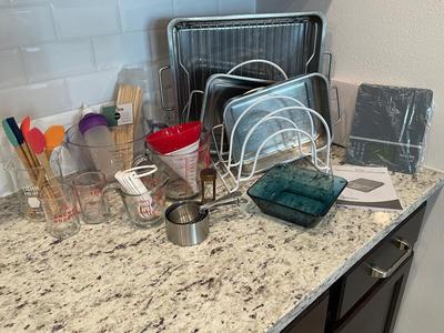Misc Kitchen lot W/ scale, measuring cups, pans, spatulas