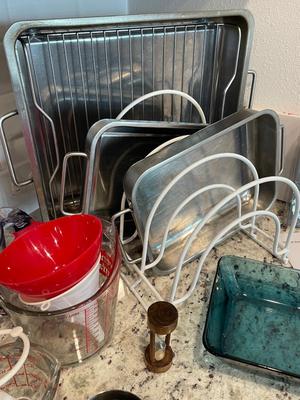 Misc Kitchen lot W/ scale, measuring cups, pans, spatulas