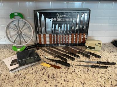 Misc kitchen utensil lot with sharpeners and food scale