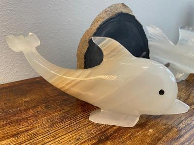 White Onyx Fish & Dolphin Carving Natural Blue Agate, Healing Crysta