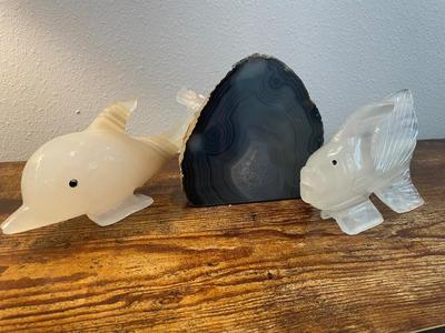 White Onyx Fish & Dolphin Carving Natural Blue Agate, Healing Crysta