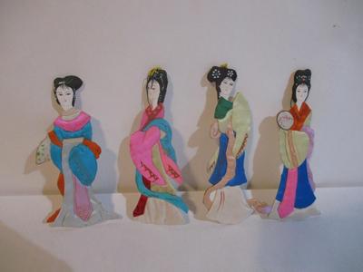 Handmade Silk Paper Dolls Asian Hanging Ornaments Approx 5 3/4" Tall