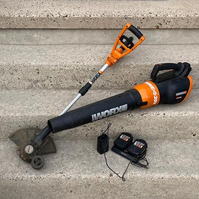 LOT 84G: Worx 20V Cordless Leaf Blower and Weed Wacker with 3 Batteries and Charger
