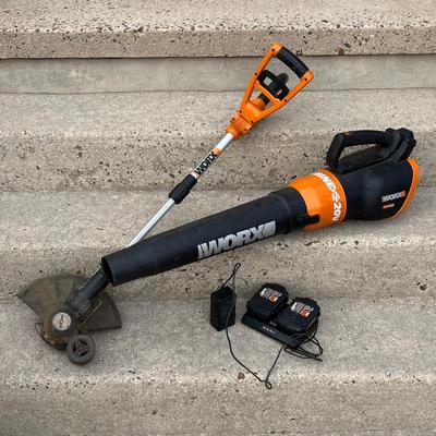 LOT 84G: Worx 20V Cordless Leaf Blower and Weed Wacker with 3 Batteries and Charger