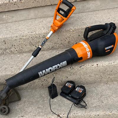 LOT 84G: Worx 20V Cordless Leaf Blower and Weed Wacker with 3 Batteries and Charger