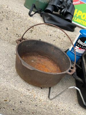 LOT 86G: Camping / Outdoors Equipment - Fishing Net, Cast Iron Pot, Binoculars, Lantern and More