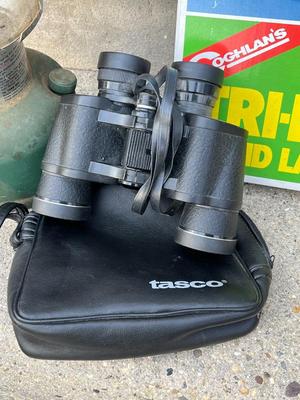 LOT 86G: Camping / Outdoors Equipment - Fishing Net, Cast Iron Pot, Binoculars, Lantern and More