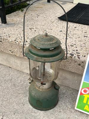 LOT 86G: Camping / Outdoors Equipment - Fishing Net, Cast Iron Pot, Binoculars, Lantern and More