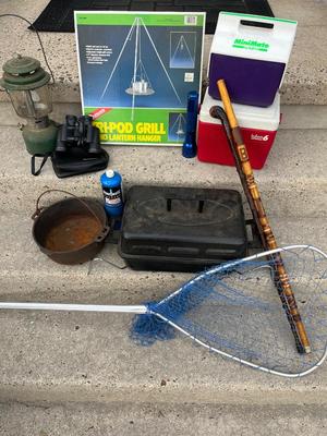 LOT 86G: Camping / Outdoors Equipment - Fishing Net, Cast Iron Pot, Binoculars, Lantern and More