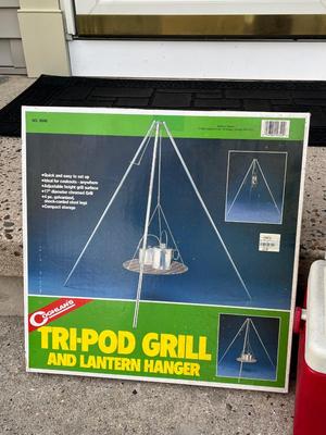 LOT 86G: Camping / Outdoors Equipment - Fishing Net, Cast Iron Pot, Binoculars, Lantern and More