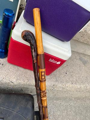 LOT 86G: Camping / Outdoors Equipment - Fishing Net, Cast Iron Pot, Binoculars, Lantern and More