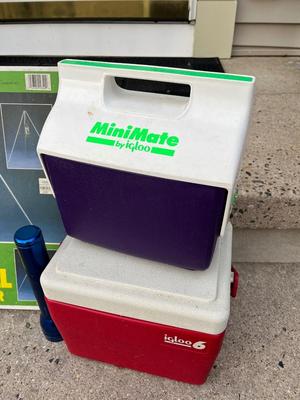 LOT 86G: Camping / Outdoors Equipment - Fishing Net, Cast Iron Pot, Binoculars, Lantern and More