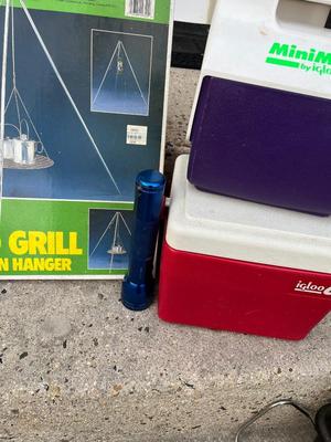 LOT 86G: Camping / Outdoors Equipment - Fishing Net, Cast Iron Pot, Binoculars, Lantern and More