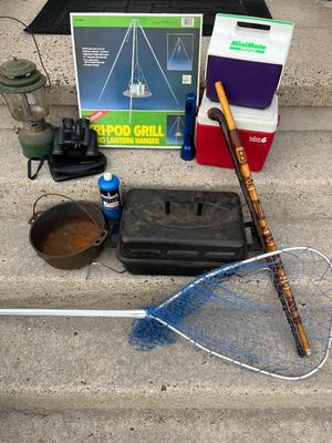 LOT 86G: Camping / Outdoors Equipment - Fishing Net, Cast Iron Pot, Binoculars, Lantern and More