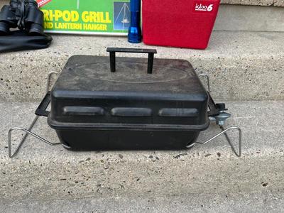 LOT 86G: Camping / Outdoors Equipment - Fishing Net, Cast Iron Pot, Binoculars, Lantern and More