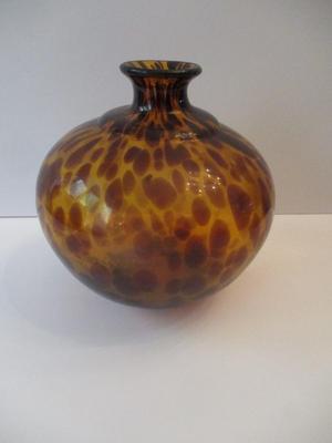 Vintage Hand Blown Glass Vase Amber Tortoise Shell Color Approx 7 1/2" Tall
