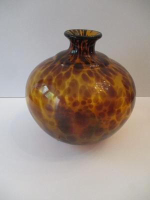 Vintage Hand Blown Glass Vase Amber Tortoise Shell Color Approx 7 1/2" Tall